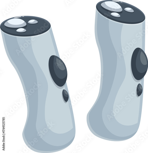 Two futuristic, gray and black controllers with buttons and sensors are depicted, suggesting advanced gaming technology