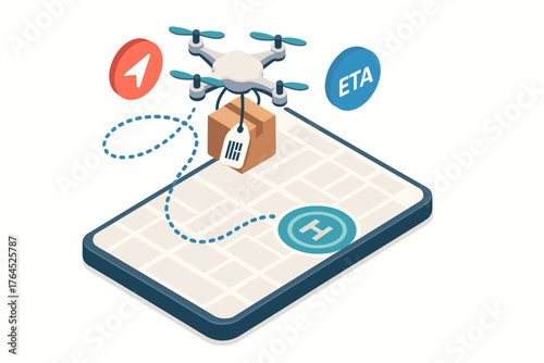 Drone delivery overhead map with navigation symbols and eta notification