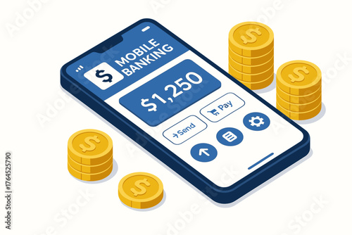 Mobile banking app interface with currency coins for secure digital transactions