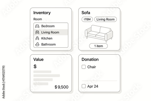 Home inventory and donation management interface with furniture and valuation details