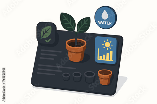 Smart gardening interface with plant and water management icons