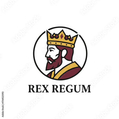 Royal King Profile Logo Design: Crowned Monarch Emblem with Rex Regum Text