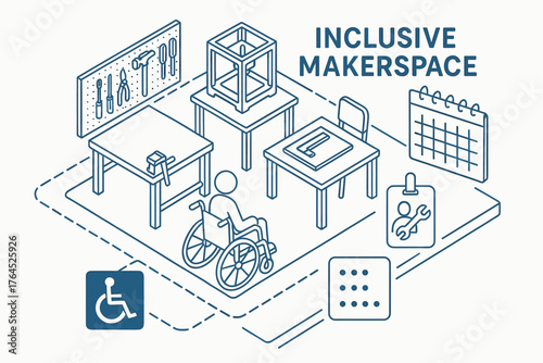 Inclusive makerspace design featuring accessibility and diverse tools for creative collaboration