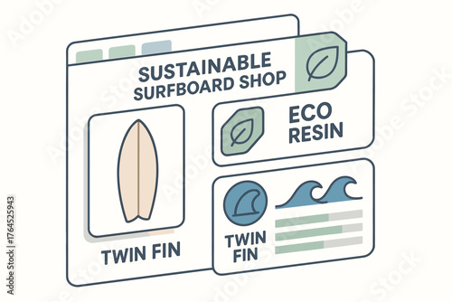 Sustainable surfboard shop graphic featuring eco resin and twin fin design