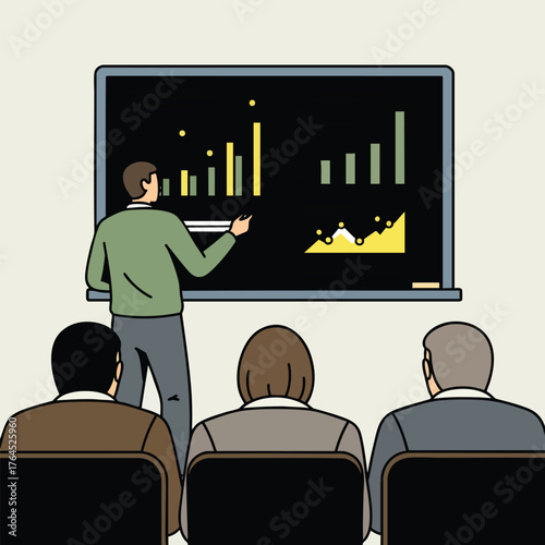 A business professional in a green sweater presenting data charts on a screen to an audience.