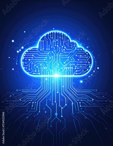  Cloud network concept. Futuristic glowing cloud with circuit board texture. Digital online information transfer, exchange, global connection