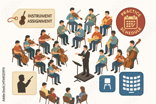 Diverse orchestra rehearsal with conductor and musicians practicing instrument assignments