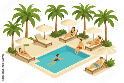 Tropical poolside relaxation with young adults lounging and swimming under palm trees
