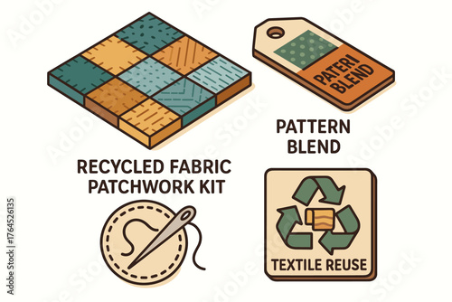 Recycled fabric patchwork kit with pattern blend and textile reuse design