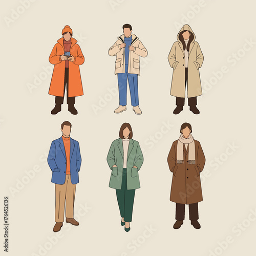 A collection of six illustrated people wearing stylish winter coats jackets and hats.