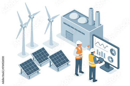 Renewable energy management: solar panels, wind turbines, caucasian male technicians analyzing data