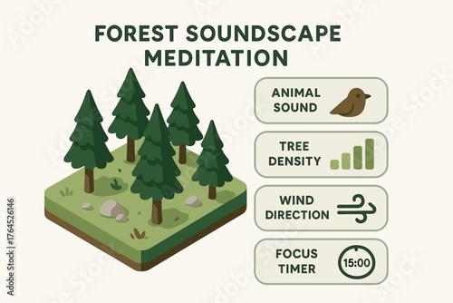Forest soundscape meditation interface with animal sounds and focus timer