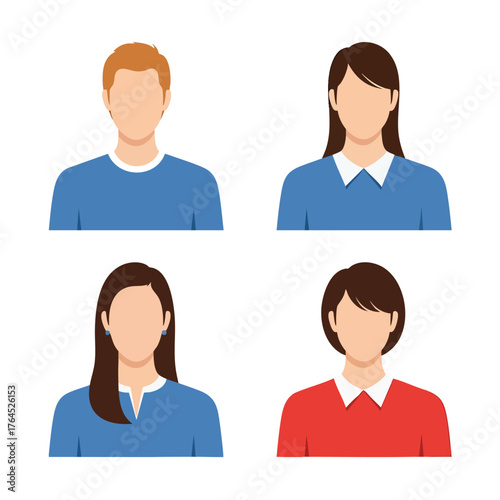 A collection of four simple colorful faceless bust illustrations of men and women for user profile avatars.