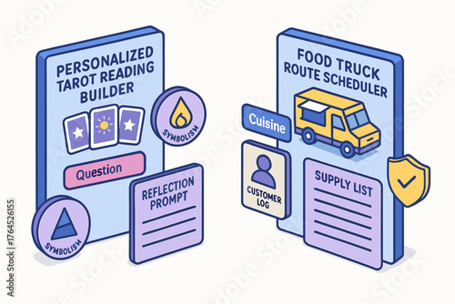 Personalized tarot reading builder and food truck route scheduler tools illustrated
