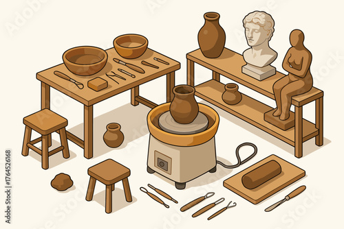 Pottery studio setup with tools and sculptures
