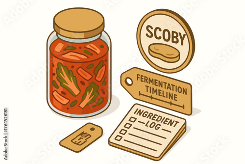 Fermented vegetables in jar with scoby and ingredient log in kitchen setup