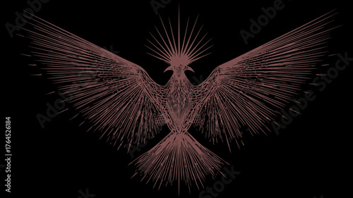 Radiant Stylized Phoenix Bird Illustration with Spreading Wings on Dark Background, Symbolic Rebirth and Power Graphic