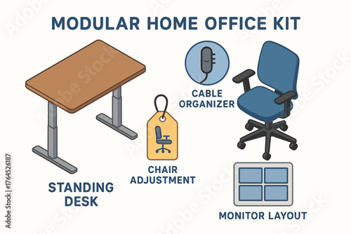 Modular home office kit featuring standing desk and adjustable chair with cable organizer