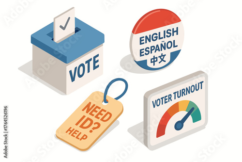 Election symbols - vote box, multilingual button, id tag, voter turnout gauge