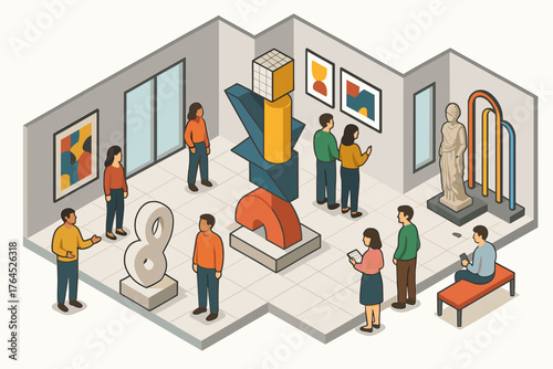 Isometric art gallery with visitors observing abstract sculptures and paintings