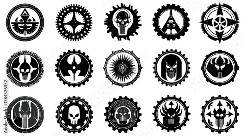 Set of abstract dark fantasy insignias and emblems. Circular symbols featuring skulls, gears, and stylized elements for gaming or graphic design.