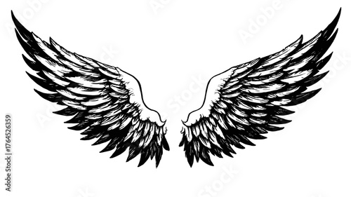 Hand drawn black and white feathered wings illustration, isolated on a clean white background. Vintage sketch style artistic design element.