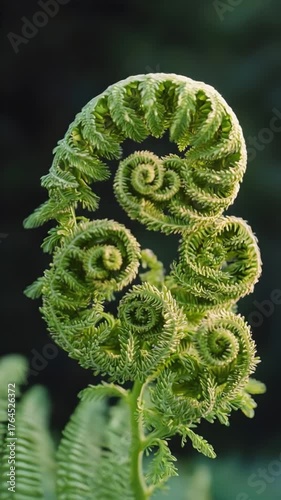 Beautiful Cluster of Unfurling Fern Fronds (Fiddleheads) in a Lush Forest Setting, Symbolizing New Beginnings