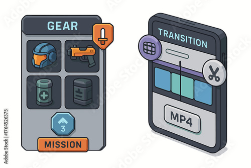 Digital game interface and video editing tools for gear selection and transition