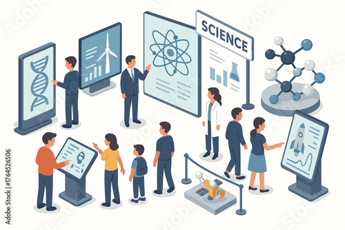 Diverse group exploring interactive science exhibits and learning stations