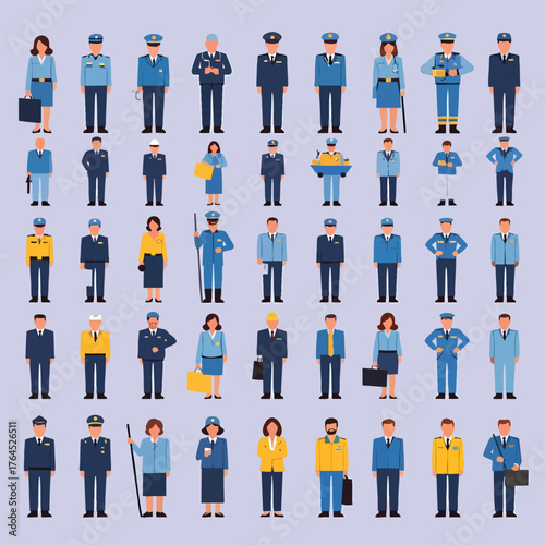 A diverse collection of flat vector character illustrations representing various professional occupations and uniforms.