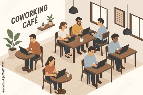 Diverse group of adults working on laptops in modern coworking café