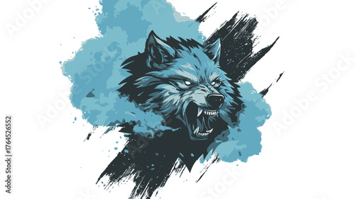 Fierce and Aggressive Wolf Head Illustration with Blue Paint Splash. Wild Animal Graphic Art, Predatory Canine Digital Design.
