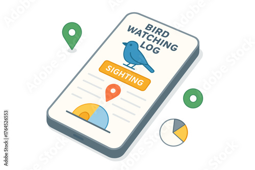 Bird watching log app interface with tracking features and statistical data visualization