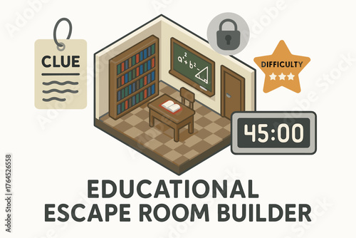 Interactive educational escape room concept with clues and difficulty rating