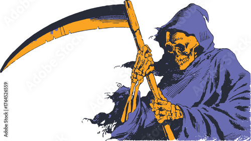 Grim Reaper with scythe, a hooded skeletal figure symbolizing death and fear, perfect for Halloween, spooky graphic illustration.