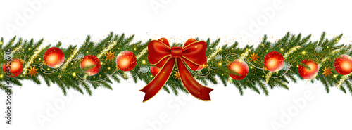 Christmas tree garland with fir tree branches and decorations isolated .