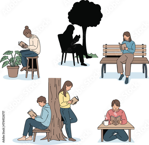 A diverse collection of illustrated people reading books in various settings including a park bench under a tree and indoors.