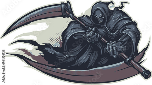 Menacing Grim Reaper with Scythe Illustration, a dark hooded figure symbolizing death and folklore, for Halloween and fantasy themes