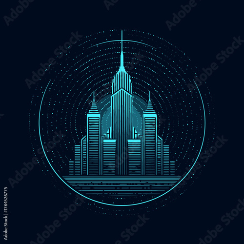 Futuristic digital city skyline illustration with towering skyscrapers in glowing blue lines, modern urban architecture technology concept.