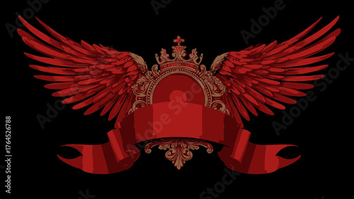 Majestic Red Winged Emblem with Ornate Golden Crown and Empty Scroll Banner on Black Background, Heraldic Design Element