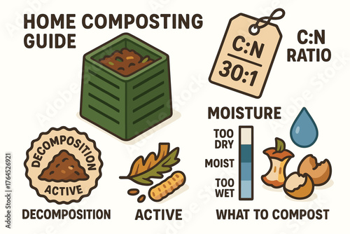 Home composting guide: decomposition, carbon-nitrogen ratio, moisture levels, compost materials