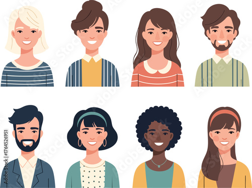 A diverse collection of smiling people portraits in a modern flat vector illustration style.