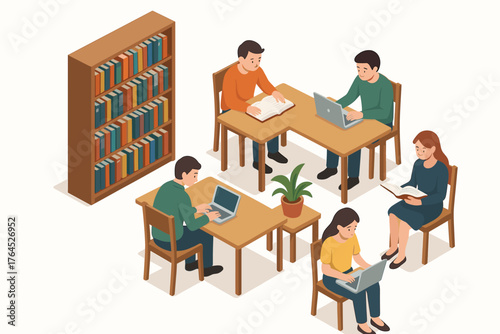 Isometric study group in library with diverse young adults and bookshelves