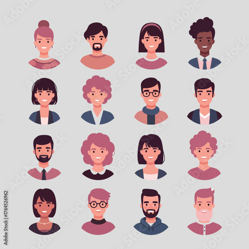 A diverse collection of modern flat design character portraits and user profile avatars.