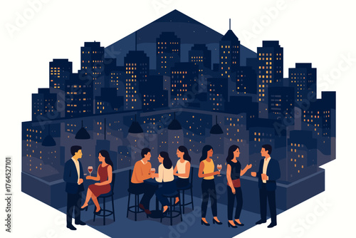 Diverse group of adults socializing on rooftop with cityscape at night
