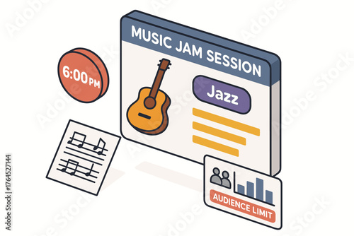 Music jam session announcement with guitar illustration and details