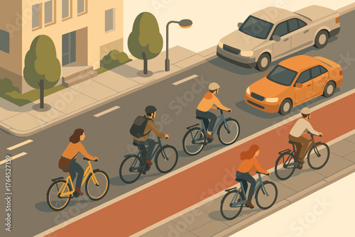 Urban commute: adults biking along city bicycle lane near vehicles