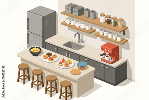 Isometric modern kitchen with cabinets and coffee machine on island counter