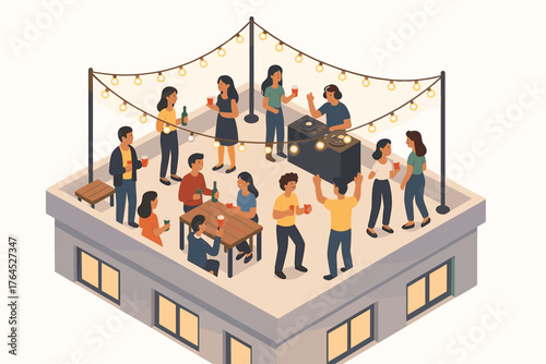 Young diverse adults enjoy rooftop party with music and drinks under string lights