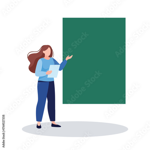 A female character in a blue shirt giving a presentation and gesturing towards a blank green board.